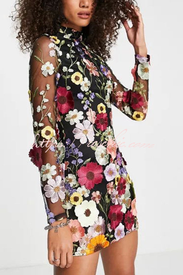 Elegantly Enchanted Floral Applique Backless Long Sleeve Mini Dress Pink / M Elegantly Enchanted Floral Applique Backless Long Sleeve Mini Dress Pink / M