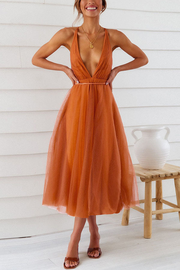 Feeling Romantic V Neck Tulle Midi Dress