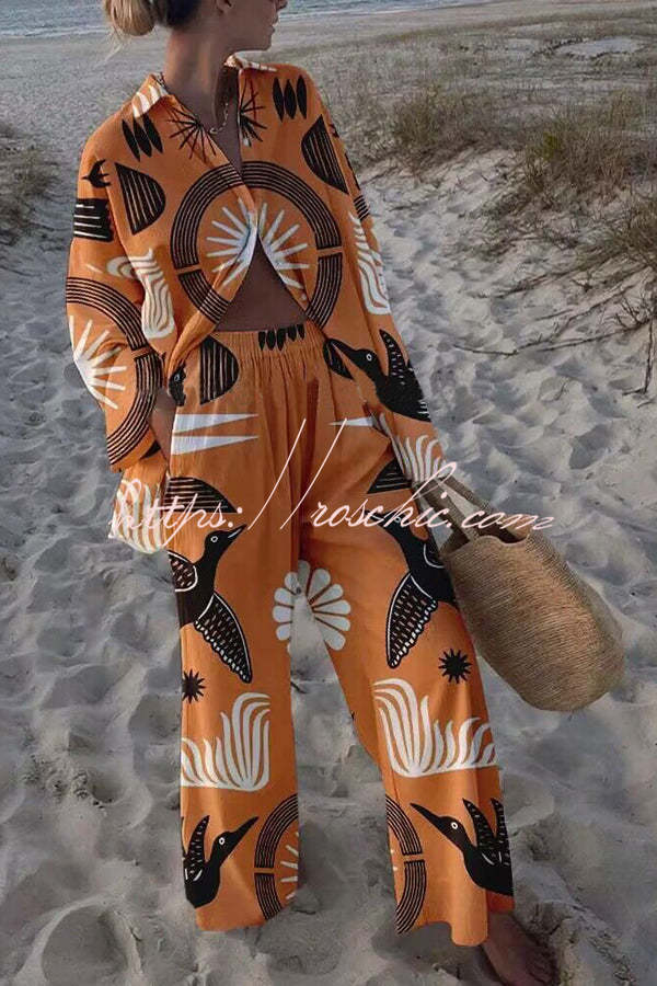 Folk Totem Printed Oversized Blouse and Elastic Waist Pocketed Pants Set