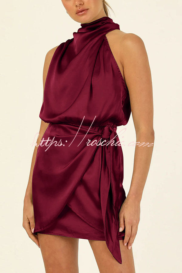 Hollywood Dreams Satin High Neck Wrap Mini Dress