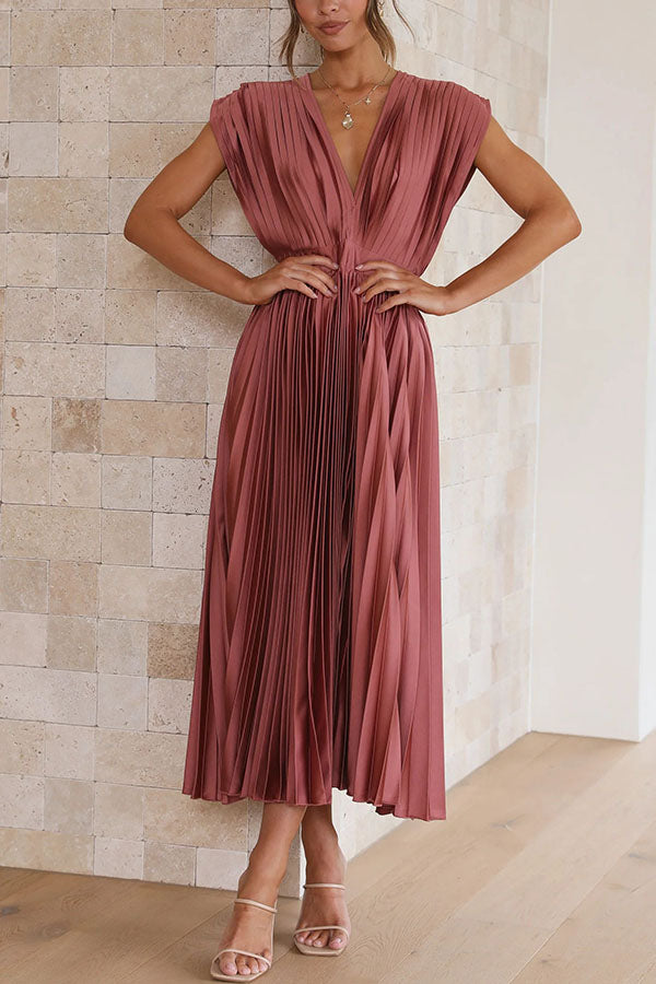 satin pleated midi dress Blue Coast Lisa Tan Structured Satin Pleated Peplum Midi Dress