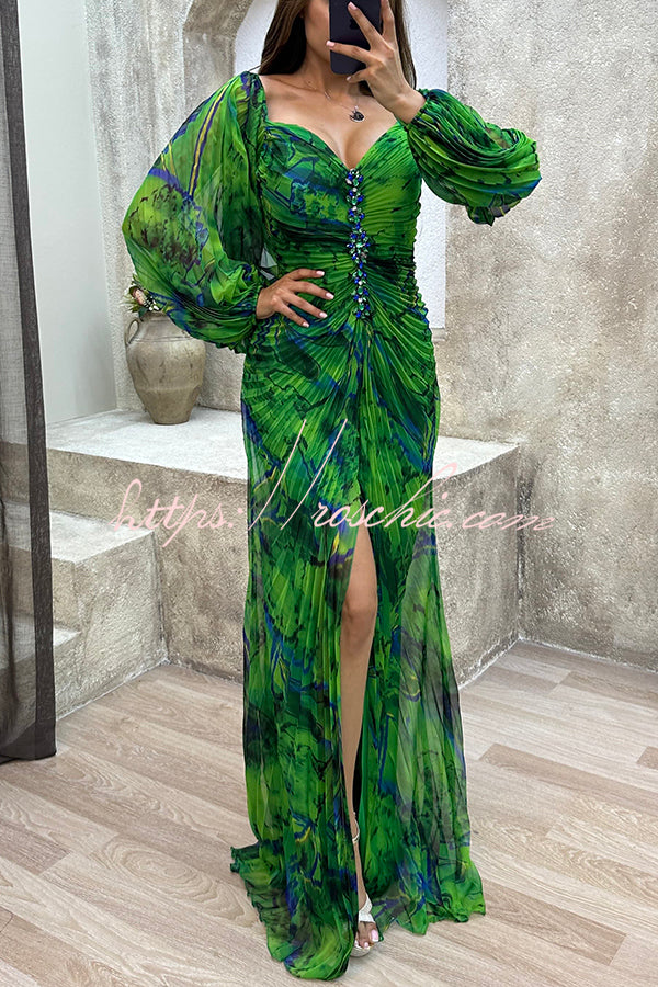 Sunset Serenade Printed Off Shoulder Diamond Embellished Pleated