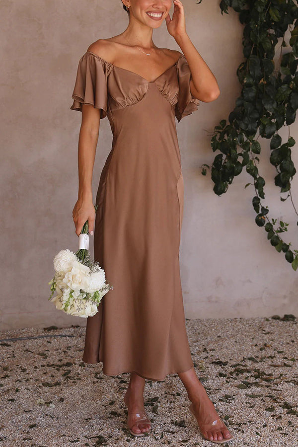 Pure Love Satin Butterfly Sleeve Slit Midi Dress