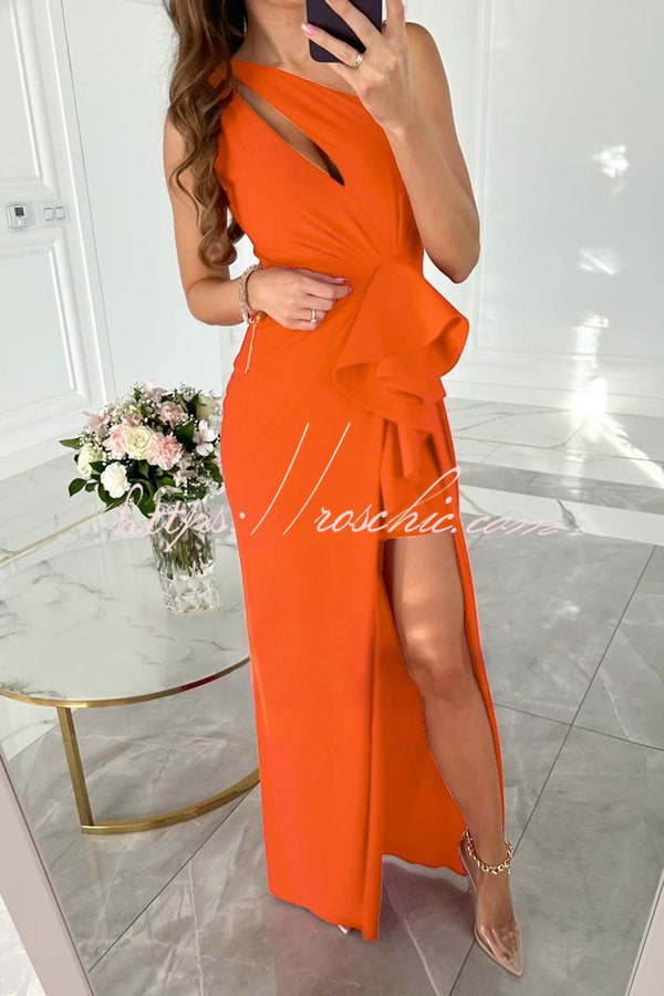 Forever Luxe One Shoulder Cutout Ruffle Split Maxi Dress