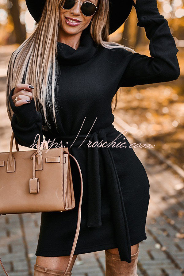 Let's Stay In Soft Belted Turtleneck Dress