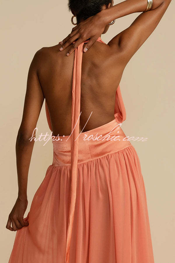 Femininity and Elegance Tulle Halter Neck Backless Maxi Dress