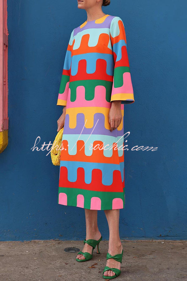 Bright Day Colorful Ripple Print Side Slit Midi Dress