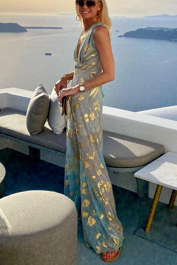 Golden Sunset Sequin Stories V-neck Maxi Dress