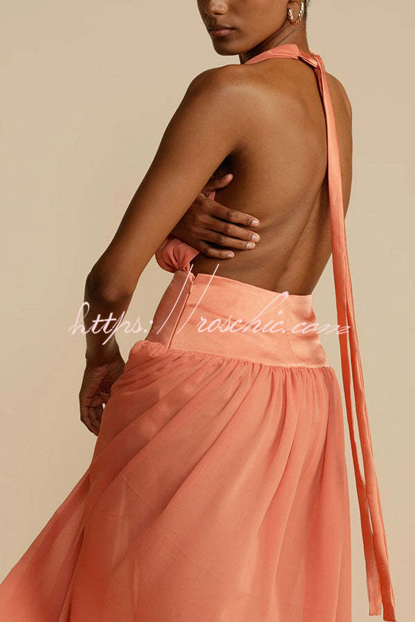 Femininity and Elegance Tulle Halter Neck Backless Maxi Dress