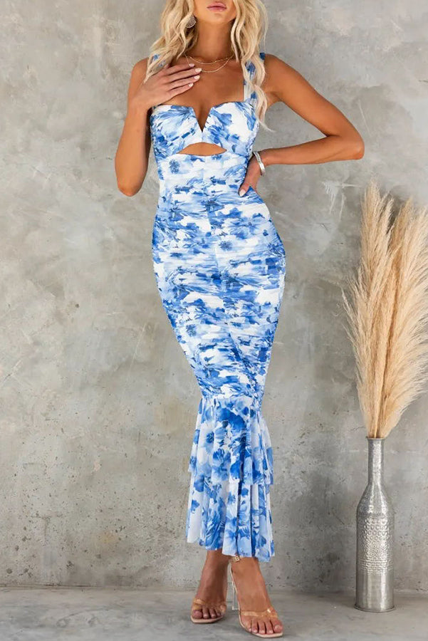 Styled To Perfection Floral Ruched Mesh Overlay Ruffle Hem Maxi Dress