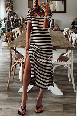 Brilliant Basics Stripe V Neck Casual Midi Dress