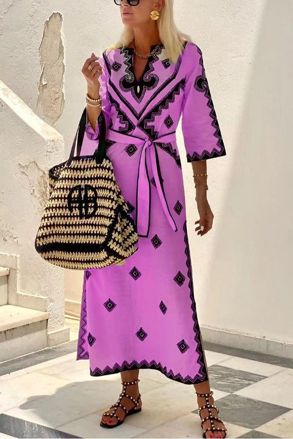 Quiet Atmosphere Linen Blend Ethnic Print Belted Midi Dress roschic Quiet Atmosphere Linen Blend Ethnic Print Belted Midi Dress roschic