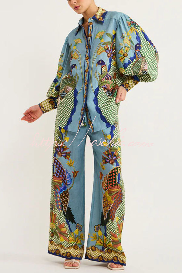 Smyrna Unique Heaven Bird Print Elastic Waist Pocketed Wide Leg Pants