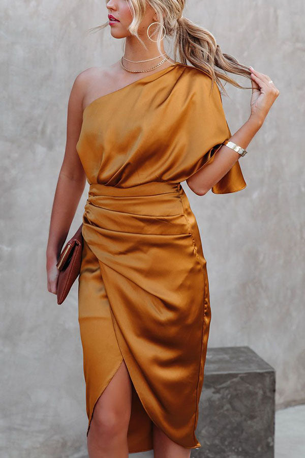 Glam Expectations One Shoulder Satin Drape Dress