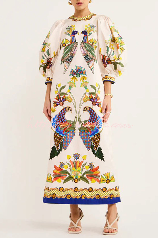 Garden Party Unique Heaven Bird Print Puff Sleeve Pocketed Loose Midi Dress