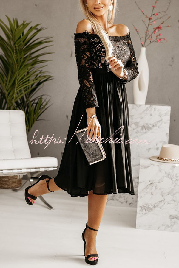 Kaia Lace Off Shoulder Pleated Midi Dress