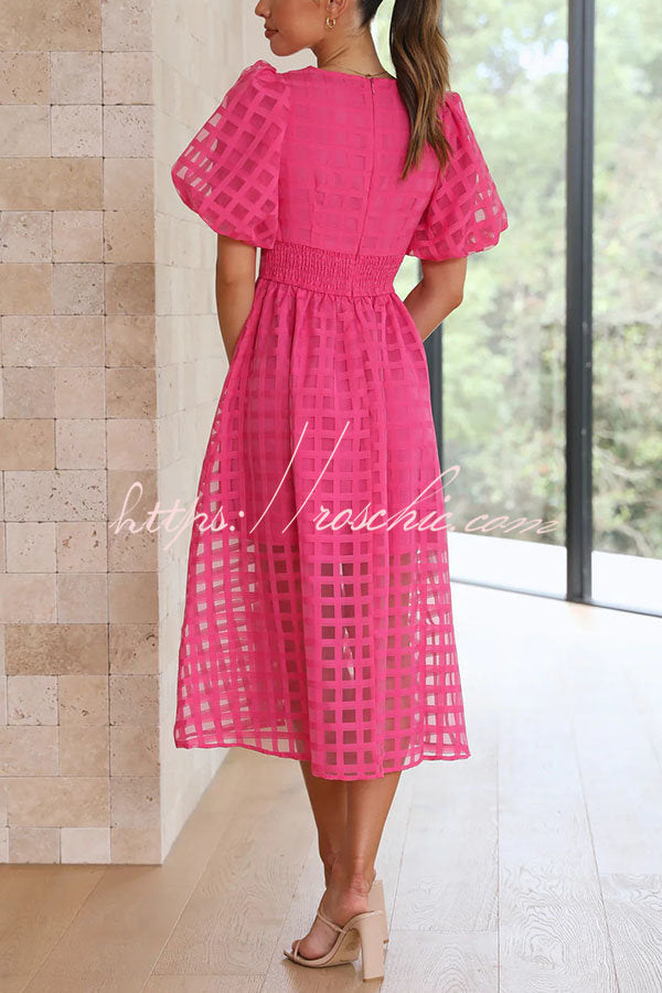 Remarkable Beauty Square Patterned Fabric Puff Sleeve Midi Dress