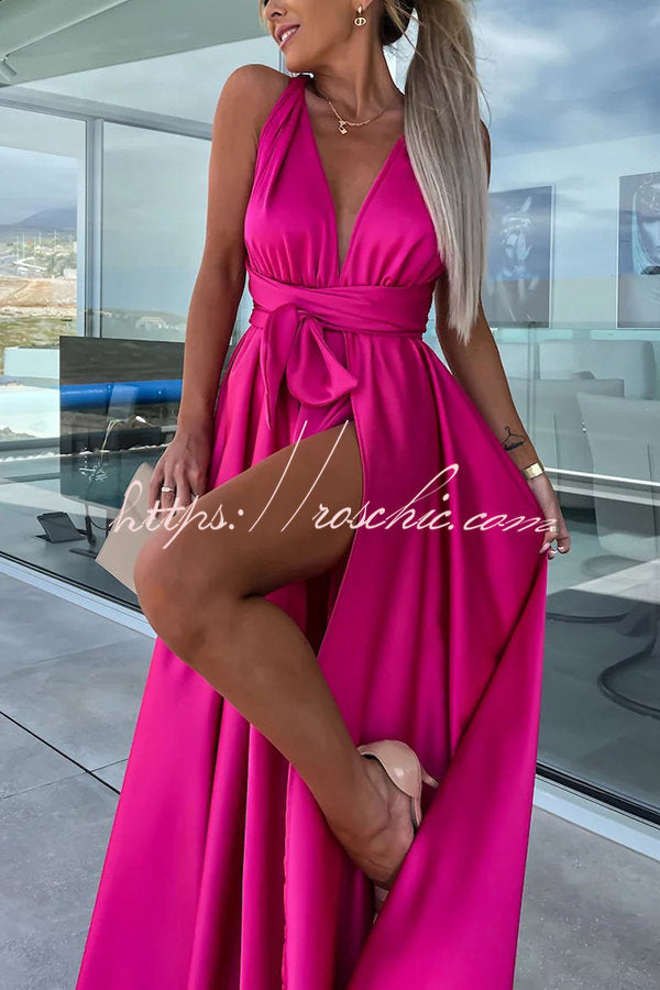 Different Elegant Effects Satin Free Tie Neck Slit Maxi Dress