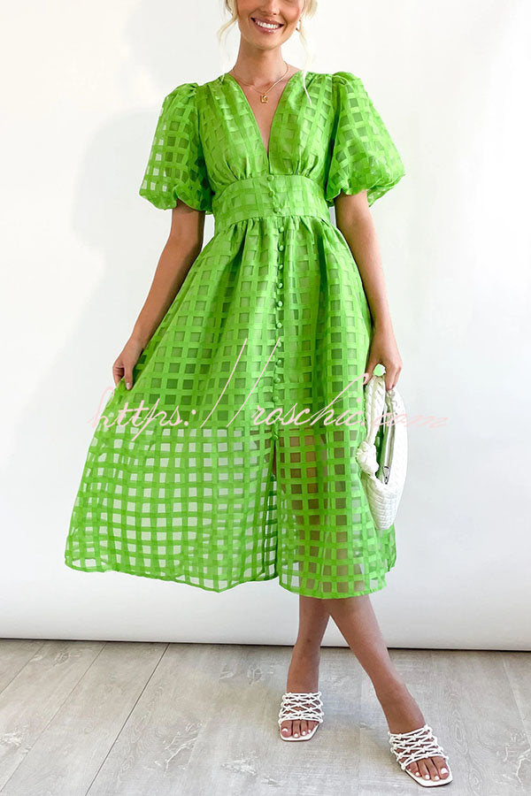 Remarkable Beauty Square Patterned Fabric Puff Sleeve Midi Dress