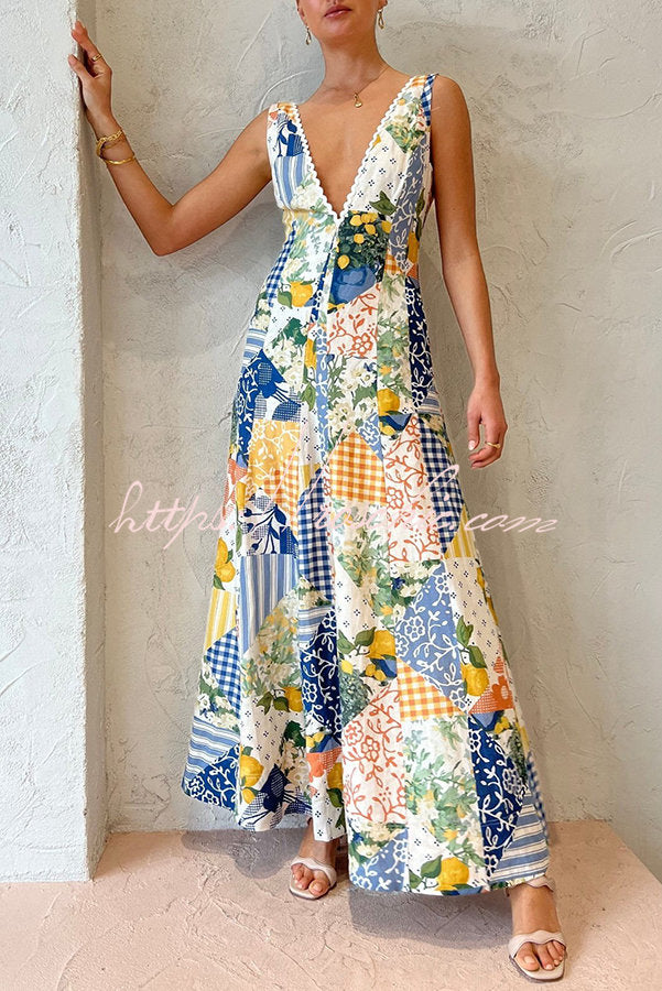 Eternal Italian Paradise Linen Blend Patchwork Print Pocketed Maxi Dress