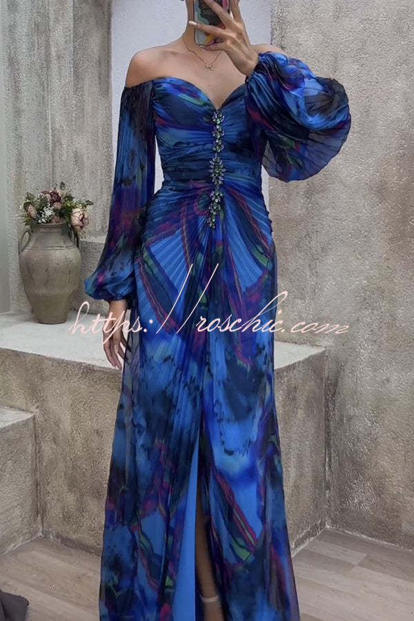 Sunset Serenade Printed Off Shoulder Diamond Embellished Pleated