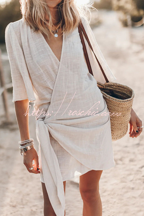 Easy Breezy Cotton Linen Blend Knotted Wrap Mini Dress Easy Breezy Cotton Linen Blend Knotted Wrap Mini Dress