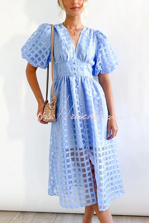 Remarkable Beauty Square Patterned Fabric Puff Sleeve Midi Dress