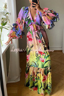 Jessy Tropical Print Tiered Ruffle Balloon Sleeve Vacation Maxi Dress