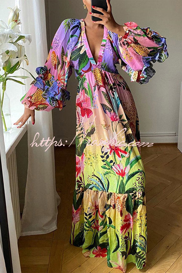 Jessy Tropical Print Tiered Ruffle Balloon Sleeve Vacation Maxi Dress