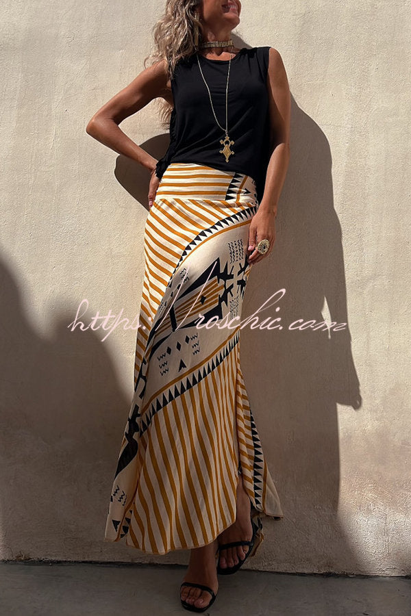 Eva Satin Geometric Print Elastic Waist Maxi Skirt