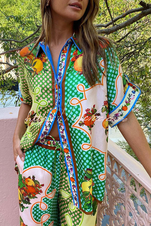 Enjoy Summer Lemon Satin Unique Print Button Down Oversized Blouse