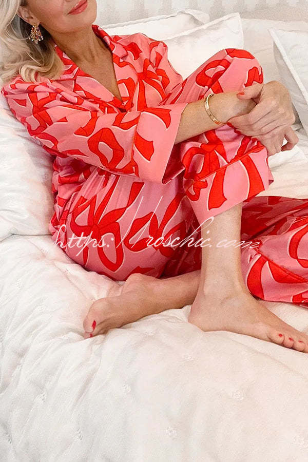 Give You A Surprise Gift Bow Printed Elastic Waist Pocketed Pajama Set