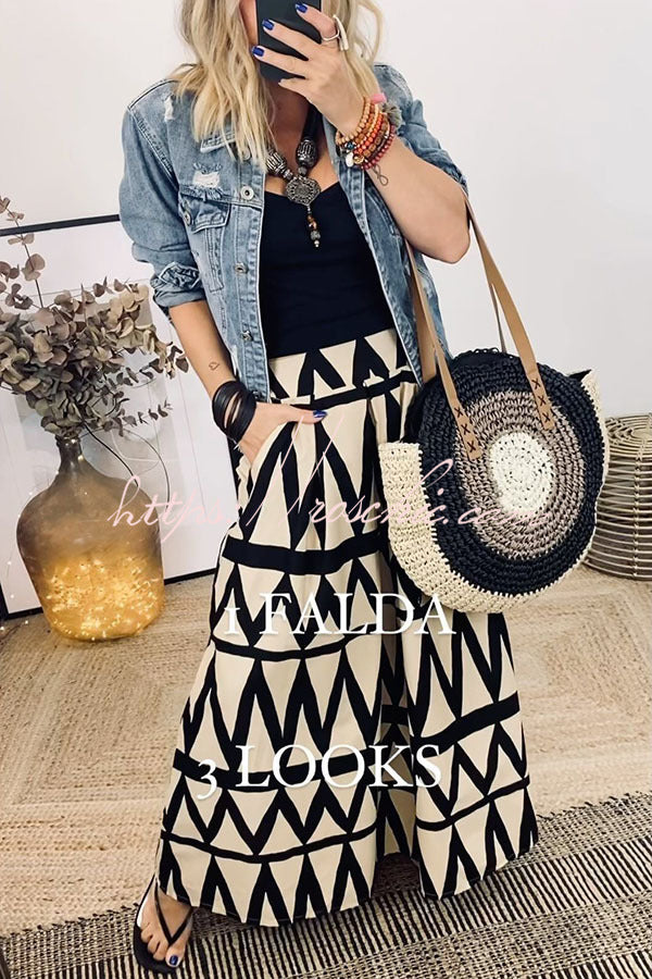 Falda Triangle Print Back Waist Elastic Pocket Maxi Skirt