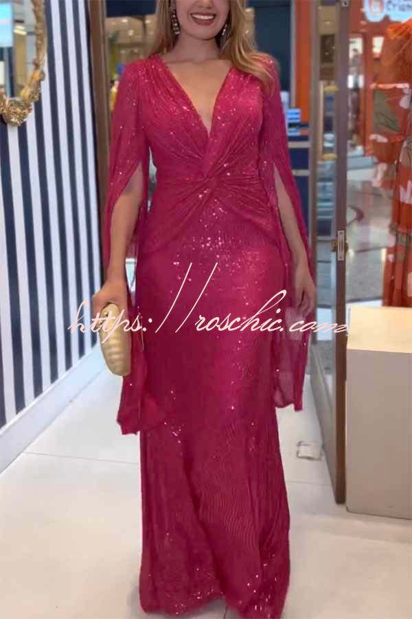 Shine Brighter Sequin Cape Sleeve Cross Waist Evening Maxi Dress