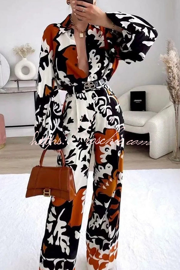 Belt Irregular Print Pocket Long Sleeve Top Trousers Set