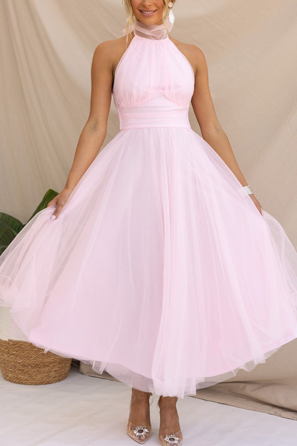Fairy Vibes Tulle Gathered Detail Halter Maxi Dress, Pink / M Fairy Vibes Tulle Gathered Detail Halter Maxi Dress, Pink / M