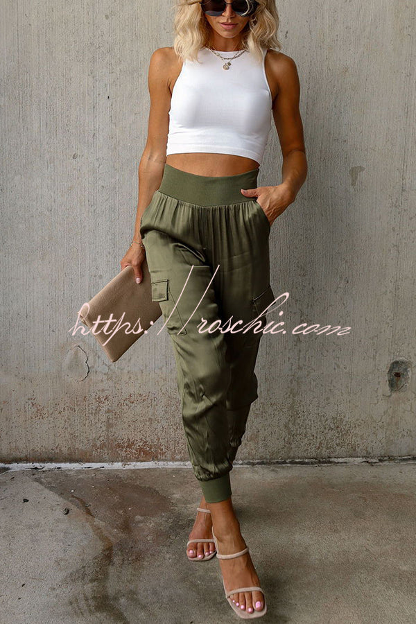 Luxe Look Satin High Waist Pocketed Joggers