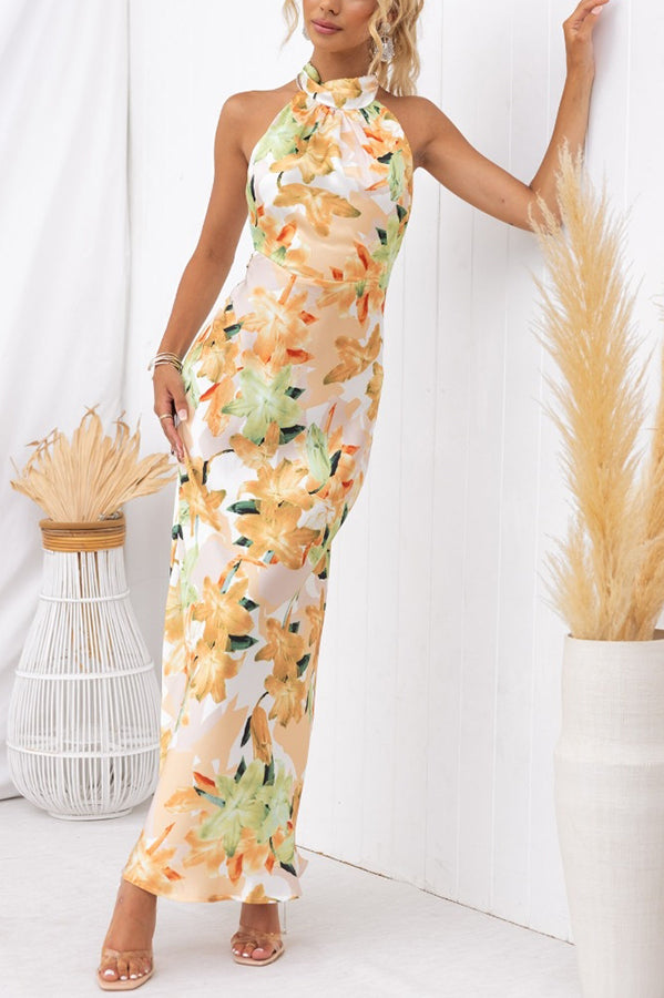 Happier Now Satin Floral Halter Maxi Dress