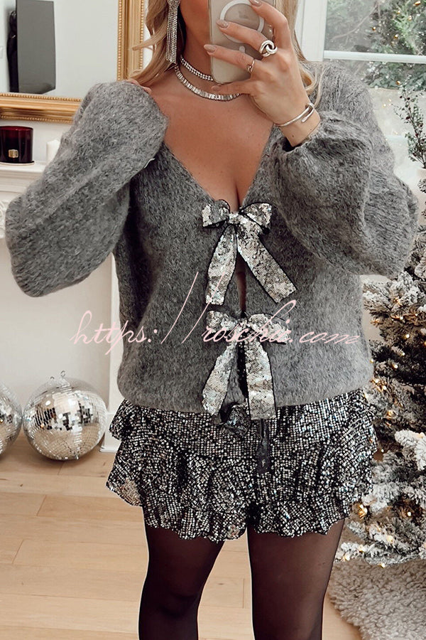 Misty Starlight Tie Front Sequin Bow Loose Sweater