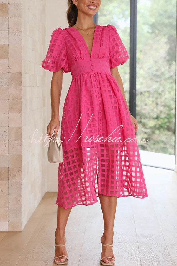 Remarkable Beauty Square Patterned Fabric Puff Sleeve Midi Dress