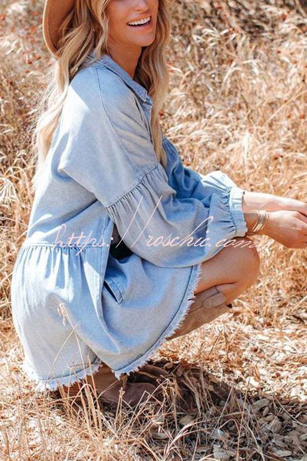 Madden Pocketed Chambray Button Down Denim Tunic Dress