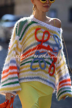 Sunset Cosy Knit Rainbow Contrast Striped Hollow Out Loose Sweater