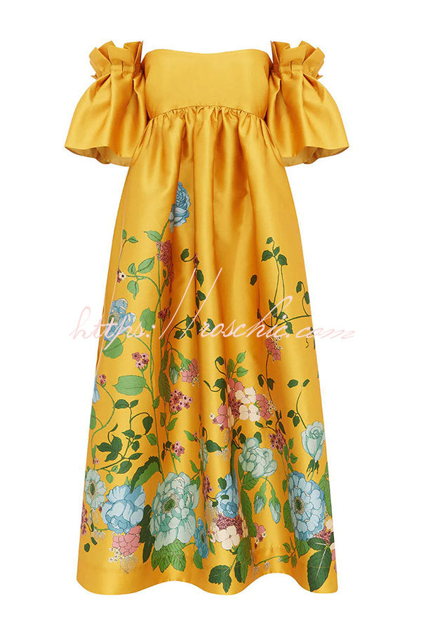 Sweetest Marigold Printed Gathered Sleeve Pocketed A-line Midi Dress