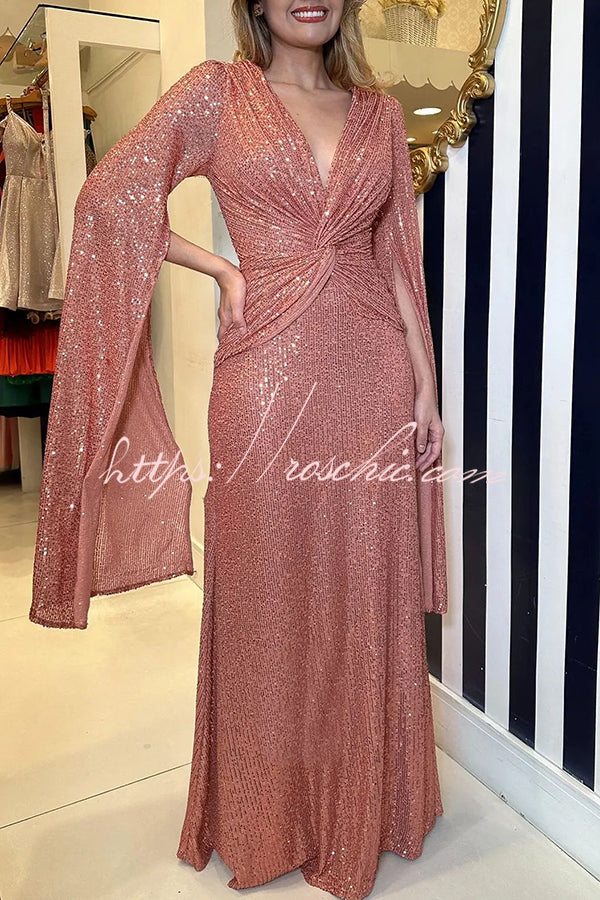 Shine Brighter Sequin Cape Sleeve Cross Waist Evening Maxi Dress