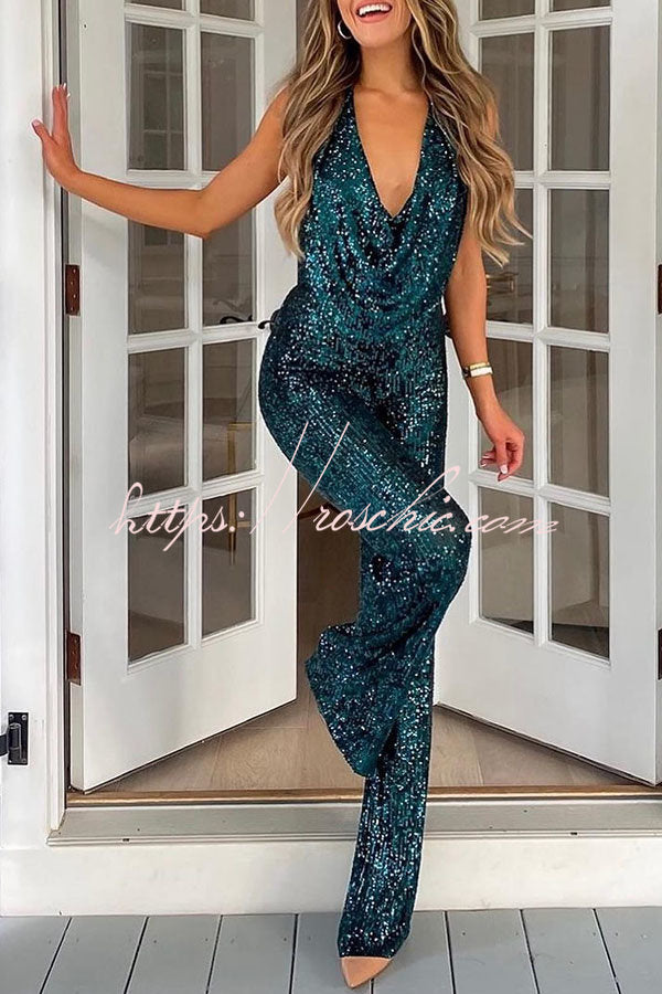 Shimmering Halter Style Drape Neck Wide Leg Jumpsuit