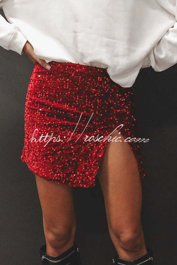 Eye Catching Sequined Back Zip High Slit Skirt