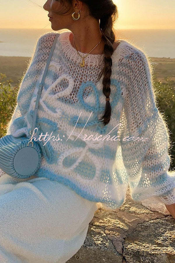 Sunset Cosy Knit Rainbow Contrast Striped Hollow Out Loose Sweater