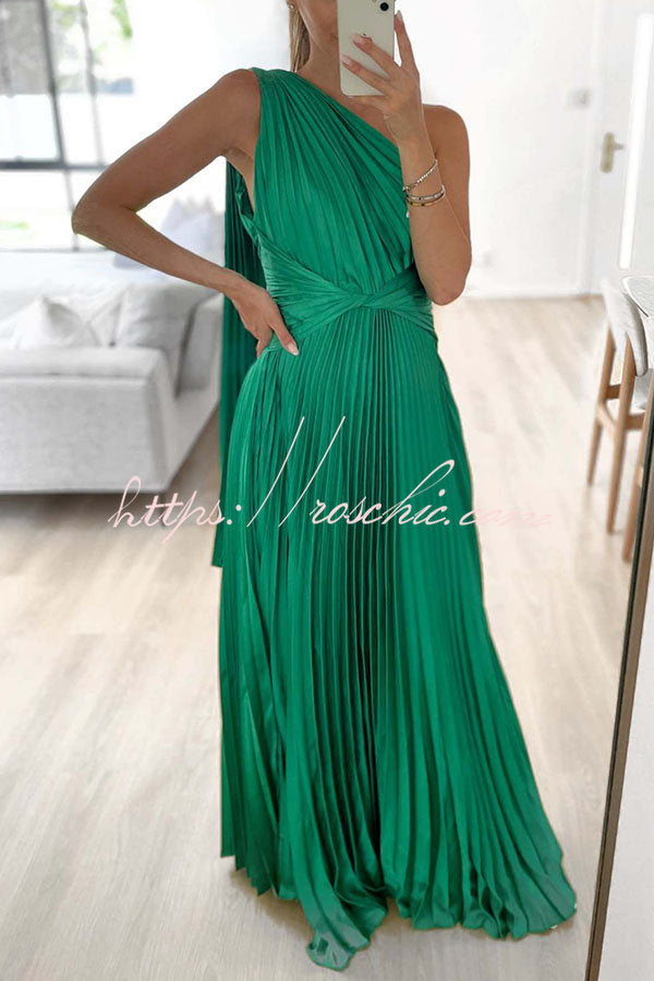 Keira One Shoulder Pleated Satin Maxi Dress