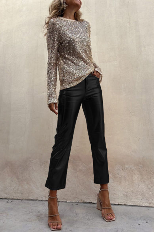 Sinclair Metallic Faux Leather High Rise Pocketed Straight Pants(Shipped Within 24 Hours)