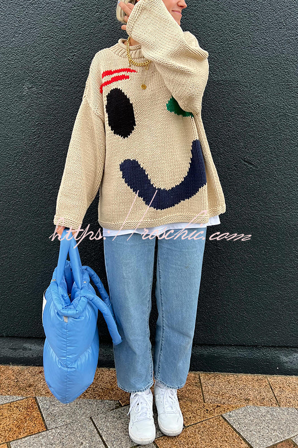 Feel Good Knit Colorful Smiley Face Loose Pullover Sweater